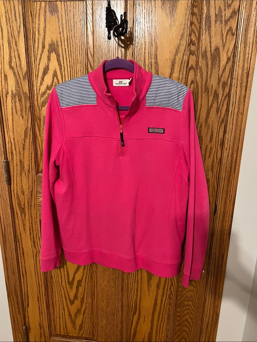 Women's Vineyard Vines Hot Pink Quarter-Zip Sweater with Striped Shoulder Detail